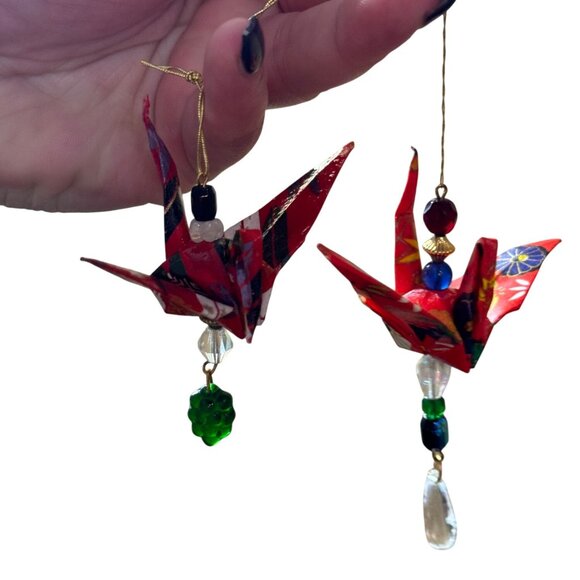 Handmade Small Chirimen Origami Crane Hanging Ornament - Picture 2 of 7